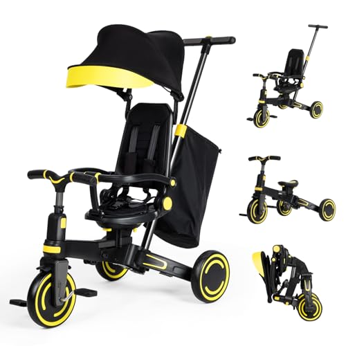 Foldable Baby Tricycle, 8-in-1 Kids Tricycle with Adjustable Push Handle,