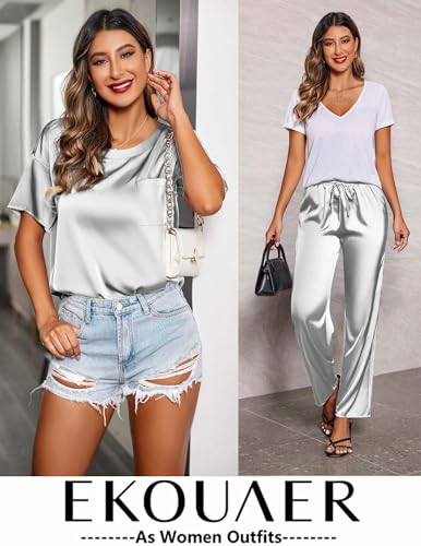 Image of Ekouaer Womens Satin Silky Pajama Set Short Sleeve Shirt with Long Pajama Pant Set Soft PJ Loungewear
