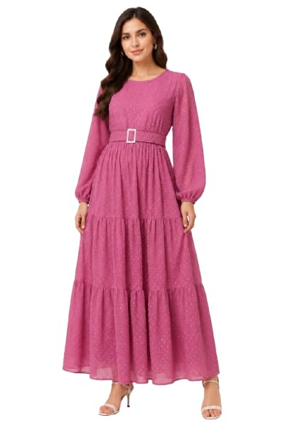 Women Georgette Gown with Crepe Lining (No Transparency) Full Sleeve Tiered Flared Long Gown with Belt Round Neck Party & Casual Wear Gown for Women-picture-34