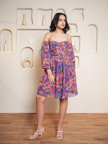 Image of PURVAJA Women's Fit & Flare Above Knee Length Dress (Floe-028-030)