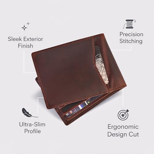 Image of Contacts Men's Genuine Leather Wallet | RFID Blocking Bifold Wallet for Men | Up to 8 Card Slots Including 1 ID Window (Brown)