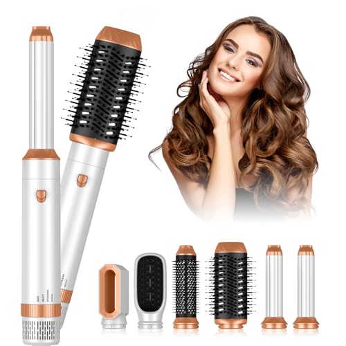 Blow Dryer Brush 6 in 1 Set Negative Ionic Hair Dryer, Automatic Curling Wand Hair Straightener, Thermal Brush Fast Drying Hot Air Brush, White Gold