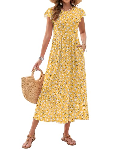 AUSELILY Womens Summer Maxi Dresses 2025 Casual Ruffle Sleeve Crewneck Loose Flowy Tiered Beach Sundress with Pockets