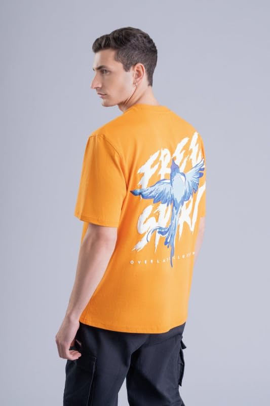 Image of Overlays Men's Free Spirit Relaxed Fit T-Shirt | Cotton | Regular Fit Tshirt for Men | Round Neck |Half Sleeves |Orange |