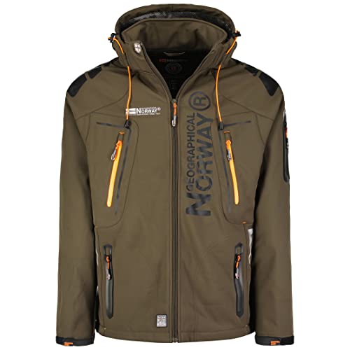 Geographical Norway Giacca Softshell Uomo Techno - Impermeabile, Antivento, Traspirante, Con Cappuccio, Colore Camo Nero/Arancione, Taglia M