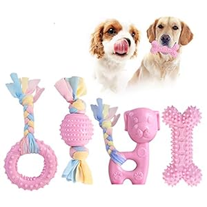 JYPS Puppy Dog Teething Toys, 4pcs Puppy Chew Toy Set with Ball and Cotton Ropes, Rubber Chews Toys, Interactive Girls Puppy Accessories Gift Pink for 8 Weeks Small Puppies and Medium Dogs (Pink)