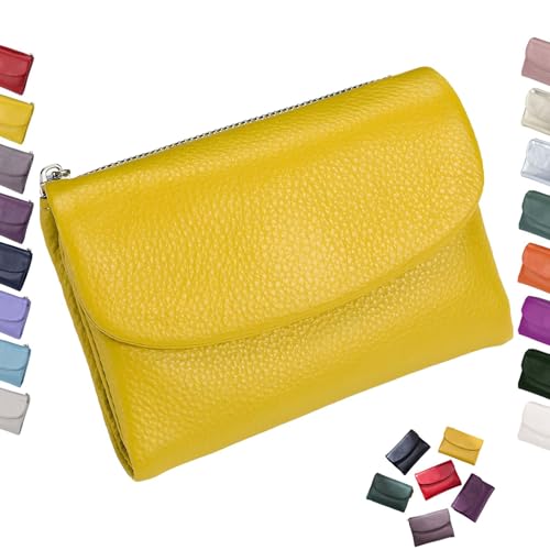 Joyfullygo Wallet, Unisex Pebble Leather Wallet, Short Genuine Leather Coin Card Holder, Coin Holder & Cash Slots, Genuine Leather Wallet, for Men & Women (Yellow)
