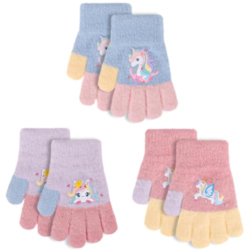 Jupsk 3 Pares Guantes para Niñas, Guantes de Invierno de Punto Cálidos, Unicornio Manoplas para niños de 2-5 Años