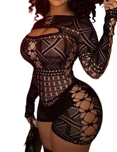 ST.Manrdy sexy club outfits for women fishnet bodysuit exotic wear dancer outfits Tights Bodycon Jumpsuit(Black)
