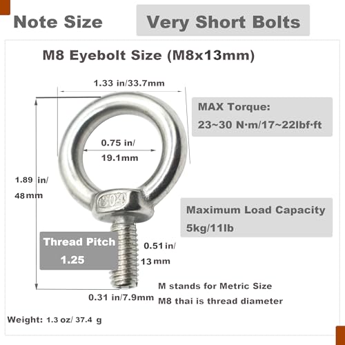 Image of 10 Packs M8 Stainless Eyebolt 0.51 inch(13mm) Short Bolt Eye Threaded Ring Lifting Shoulder Screw Hook with Nut Washer Locking as Anchor Point for Hanging,10 PCS