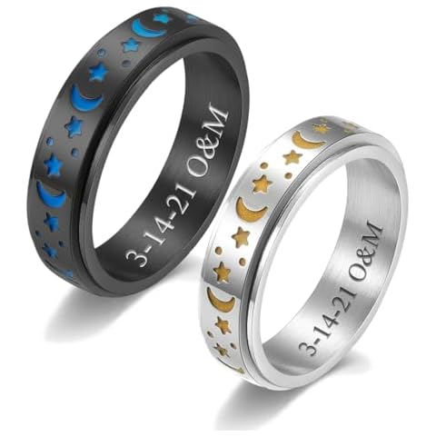 Custom Engrave Moon and Stars Ring Personalized Spinner Ring 2PSCS Matching Promise Rings for Couples Stainless Steel Fidget Anxiety Relief Band Engagement Wedding Band Him and Her Cover