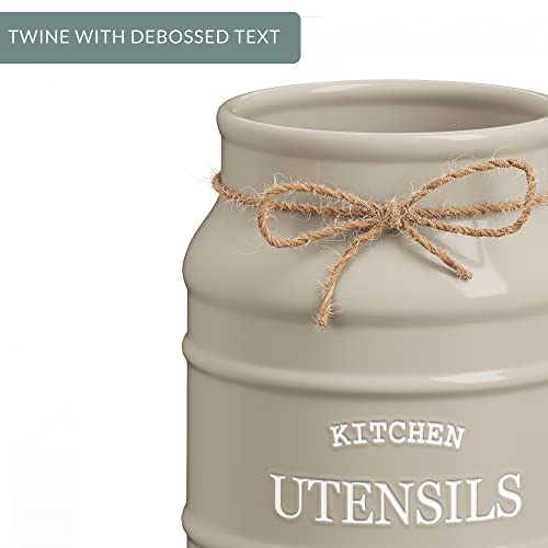 Barnyard Designs Ceramic Farmhouse Kitchen Utensil Holder For Countertop, Decorative Kitchen Utensil Holder, Large Kitchen Utensil Holder For Kitchen Counter, Utensil Crock Spatula Holder, 6.75" Taupe #TOP5