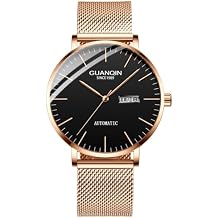 GUANQIN Men Vintage Japanese Automatic Self-Wind Mechanical Wrist Watch Sapphire Business Calendar Week Luminous Waterproof Clock Steel Milanese or Genuine Leather Band Wristwatch