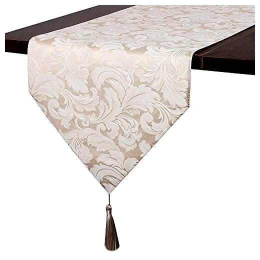 21+ Delightful Wedding Garden Party Ideas to Inspire Your Celebration 5 EHouseHome Jacquard Damask Reversible Beige Table Runners with Tassels 13 x 72 inch Wrinkle and Water Resistant Spill-Proof Decorative Dining and Wedding Runners