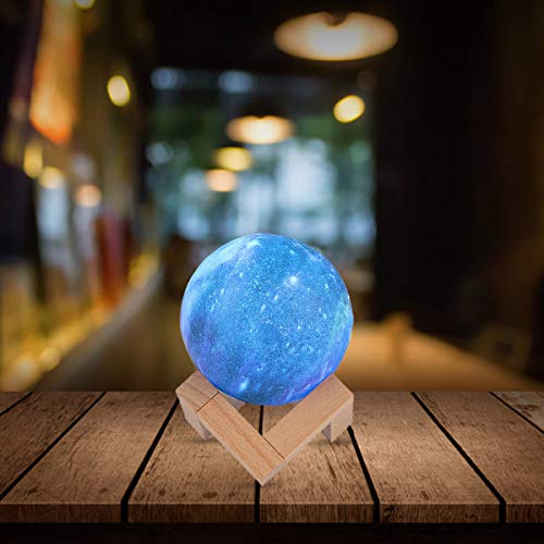 Lâmpada LED Starry Night Light 3D Moon com suporte de madeira (controle remoto, 16 cores)