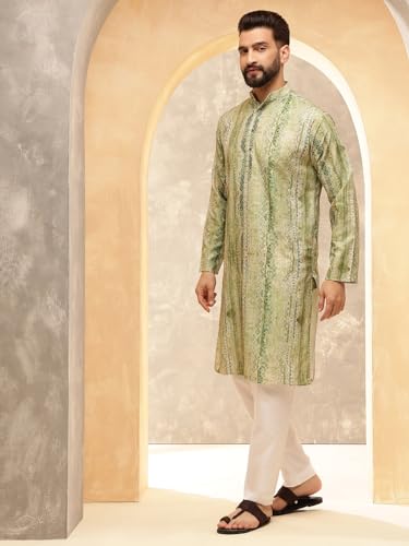 Image of SOJANYA (Since 1958 Men's Cotton Silk Green Print Kurta with White Pyjama