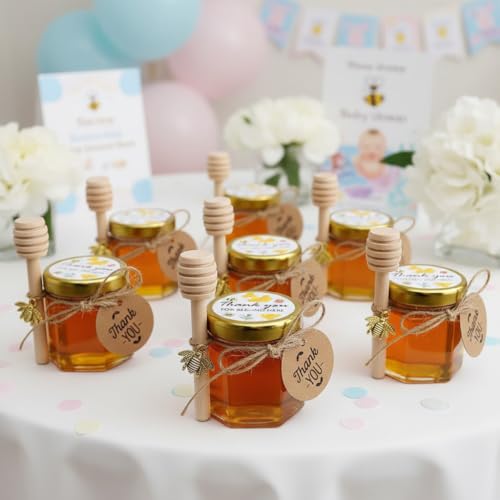 Adabocute Mini Honey Jars with Dipper - Hexagon Honey Pot Set with Gold Lid, Bee Pendants, Jutes, Gold Organza Bags and Stickers - Perfect for Baby Shower Party Favors Wedding Favors, 60 Pack 1.5oz