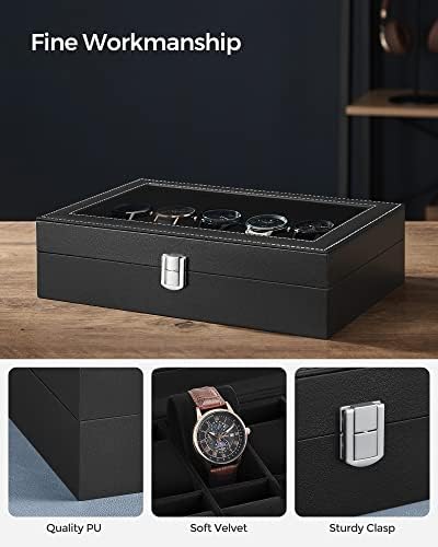 SONGMICS Watch Box with 12 Slots, Watch Case with Glass Lid, Watch Display Box with Removable Watch Pillows, Metal Clasp, Gift Idea, Black Synthetic Leather, Black Lining JWB12B