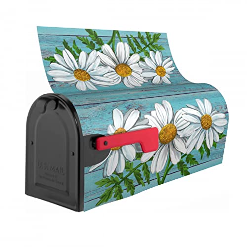 Summer Daisy Flowers Mailbox Cover Vintage Spring Floral Magnetic Mailbox Covers Teal Old Wood Board Mailbox Decals Large Post Letter Box Covers Garden Yard Home Decor For Outside 21" X18" #TOP5