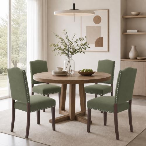 Image of Upholstered Dining Chairs Set of 4 with Thickened Seat Cushion | Wooden Mid-Century Modern Fabric Farmhouse Kitchen Chairs for Dining Room, Living Room, Restaurant, and Reading Room