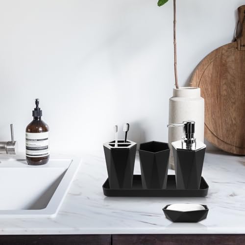 WIYETY 5er Set Badezimmer Zubehör: Badaccessoires Set aus Kunststoff mit Zahnputzbecher, Zahnbürstenhalter, Schminktablett, Seifenspender, Seifenschale (Schwarz)