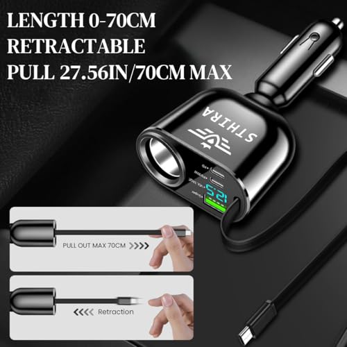 Image of 5 in 1 Car Cigarette Lighter Splitter with Retractable USB C Charging Cable, LCD Real Time Voltage Display, Dual PD 30W Type C Ports, USB A Port Universal 12V /24V Car Cigarette Lighter Charger