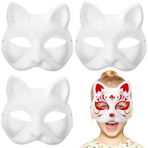 3Pcs Cat Mask Fox Mask Paper Gear White Animal Half Facemasks for Painting Masquerade Cosplay Accessories, Birthday Party Favors