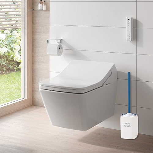 Image of Toilet Brush- Stylish Relief Letters Design Gray & White Toilet Bowl Brush and Holder Set - Premium Toilet Cleaner Brush with Elegant Toilet Brush and Holder for Modern Bathrooms（Blue＆White）