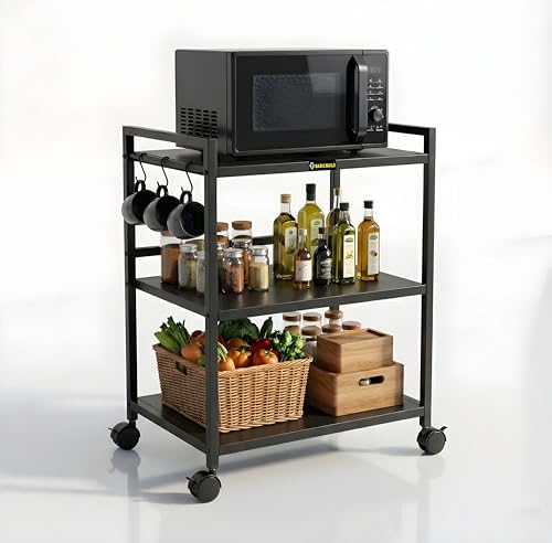 Image of Heavy Duty 3 Tier Microwave Oven Stand for Kitchen | Multi-Purpose Metal Rack with Wheels | Storage Organizer for Oven, OTG, Air Fryer, Printer, and Appliances (Black)