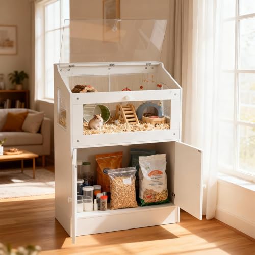 Hamster Cage with Storage Cabinet, Small Animal Cage with Acrylic Viewing Window & Ventilated Mesh,...