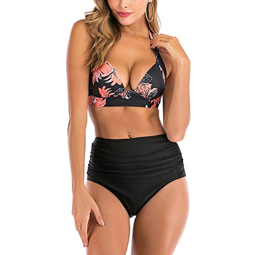 DISSA Femme Maillot de Bain 2 Pièces Bikini Licou Taille Haute  Séchage Rapide,S130,Noir-1,XXL Cover