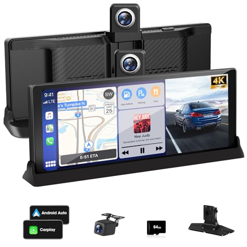 【Limited Time】10.26" Car Play screen, Carplay Screen for Car wiith Apple CarPlay Android Auto 4K Front Rotatable Camera & HD Reversing Camera, Car Tablet with Bluetooth 64G SD Mirror Link AUX