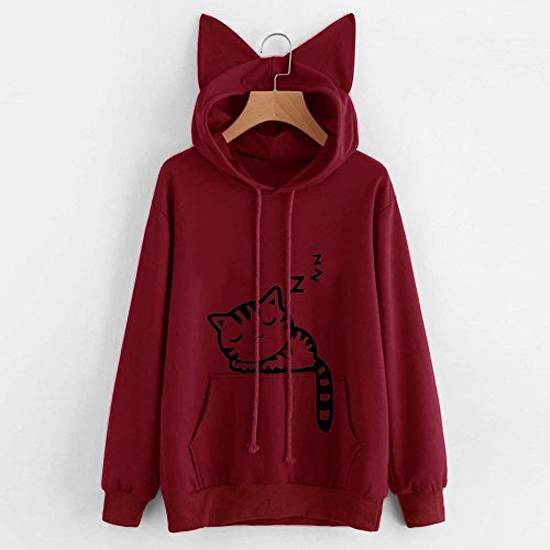 LISTHA moletom feminino de manga comprida com capuz e orelha de gato, Red 02, Small