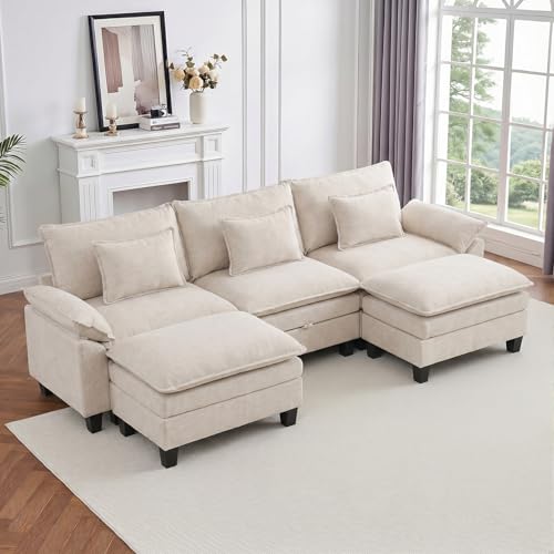 Image of IPKIG 117 inch Modular Cloud Couch with Storage, U Shaped Sectional Sofa with Ottoman & Pillow, Chenille Deep Seat Sectional Couches for Living Room, Apartment, White
