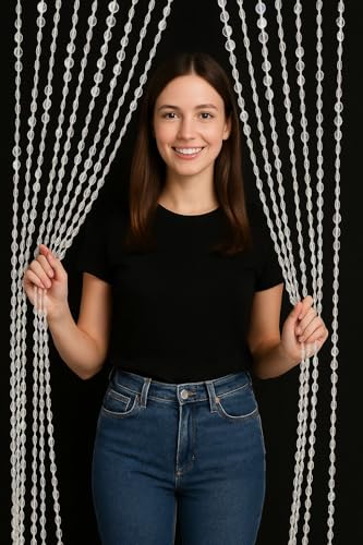 Image of Pomp & Romp Iridescent Crystal Beaded String Curtain, Decorative Door Window Divider with Rainbow Effect Acrylic Beads