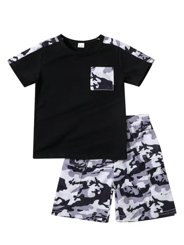 Image of Ayzozuy Boy Clothes Colorblock Top + Drawstring Waist Shorts 2 Pieces Kid Summer Outfits Set