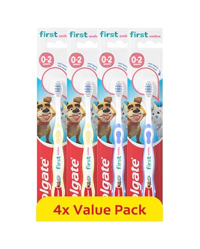 Colgate Kids Toothbrushes Multipack 0-2 Years Extra-Soft bristles for a Gentle Clean Non-Slip Handles for Little Hands Colour-Indicator bristles to Guide Toothpaste Application - 4 Pack