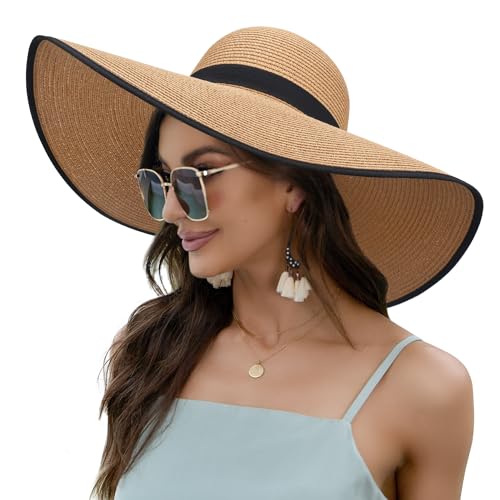 Image of Women Wide Brim Sun Hat UPF50 Straw Summer Hat Floppy Beach Hat Roll-Up