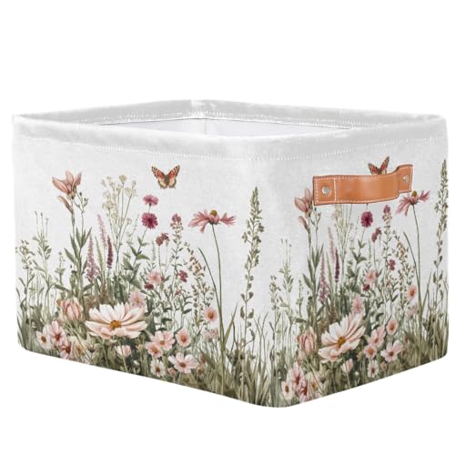 Image of Spring Wildflowers Storage Baskets for Organizing, Fabric Collapsible Storage Bins Box Plants Floral Decorative Toy Organizer Baskets for Closet Shelves Gift Basket 1 Pc