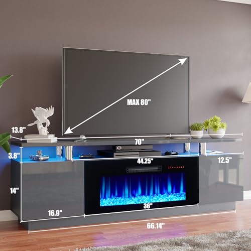 Image of AMERLIFE Fireplace TV Stand with 36 inch Fireplace, 70 inch Modern Fireplace Entertainment Center LED Lights, 2 Tier TV Console Cabinet for TVs Up to 80 inch, Grey