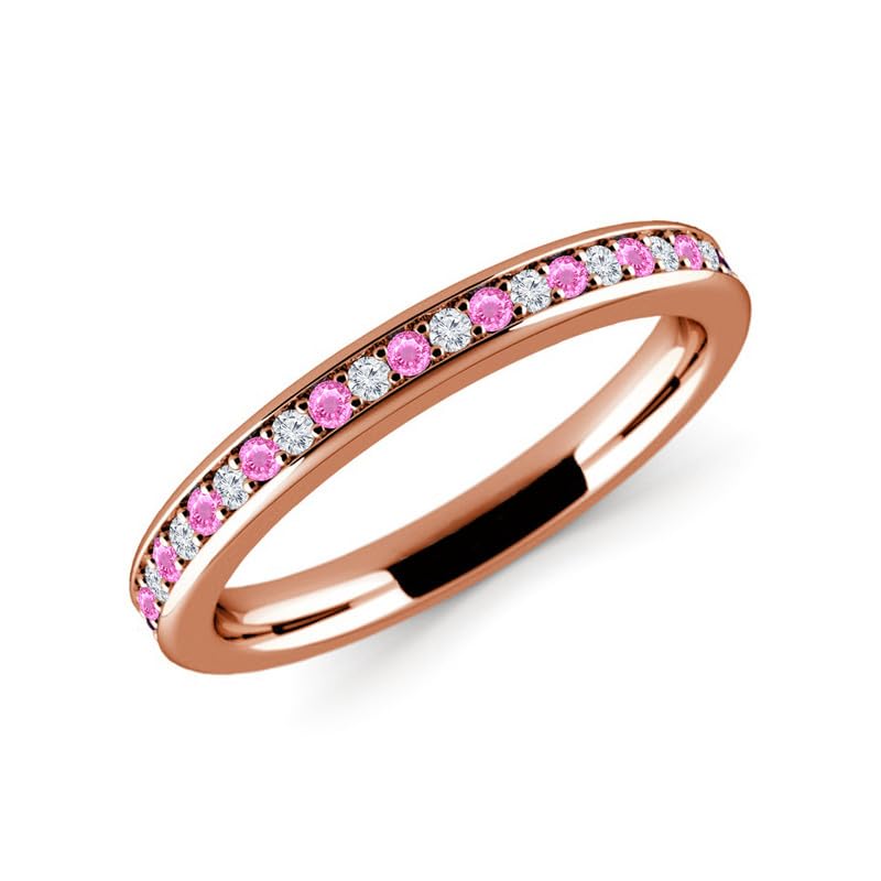 Miniatura 2 de Alternate Pink Sapphire & White Diamond Wedding Band For Women, 14k Yellow Gold Finish Pink Sapphire Anniversary Half Eternity Ring, Ladies