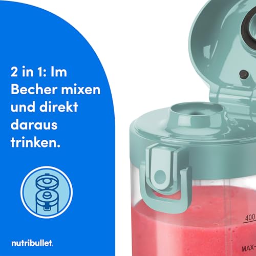 nutribullet Portable, Smoothie Maker to go, 475 ml BPA-freier Becher, kabellos, wiederaufladbar für 15+ Mixvorgänge, tragbarer mini Mixer für mix & go, zerkleinert Eis & Obst, Hellblau, NBP003LBL