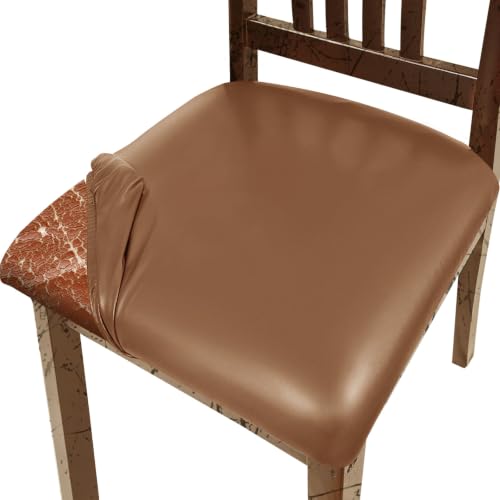 Image of Pu Leather Dining Chair Seat Covers Set of 6, Waterproof Dining Seat Covers Stretch Chair Covers for Dining Chairs /Kitchen Room /Hotel, Odorless Seat Covers for Kitchen Chairs (Light Brown- 4 PCS)