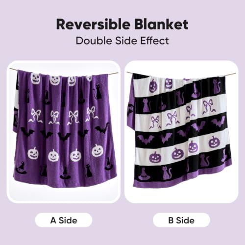 Snuggle Sac Halloween Throw Blanket, Reversible Purple Black Stripe, Cat Witch Hat Blanket for Couch 50x60 inches, Ultra Soft Halloween Blanket for Decor & Gifts by Snuggle Sac - Used condition - Image 2