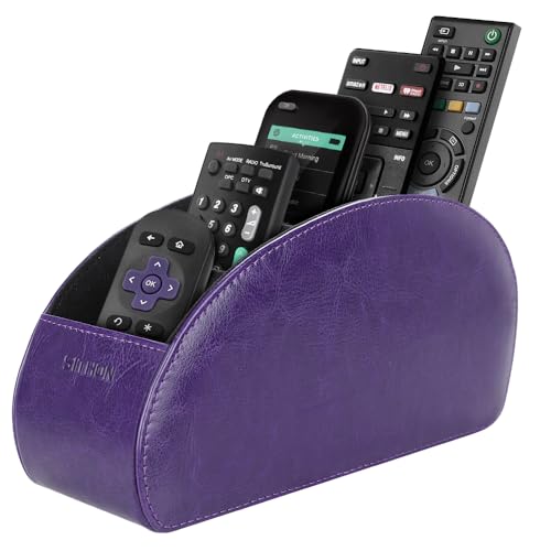 Image of SITHON Remote Control Holder with 5 Compartments - PU Leather Remote Caddy Desktop Organizer Store TV, DVD, Blu-Ray, Media Player, Heater Controllers, Purple