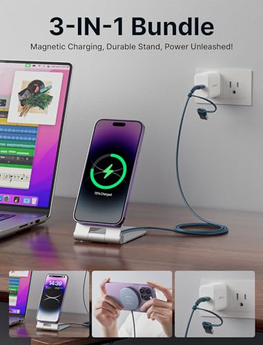Image of JSAUX Magnetic Wireless Charger Compatible with MagSafe Charger iPhone 16 /15 /14 /13 /12 Series, Wireless Mag Safe Charging Pad (Blue) with 20W PD Adapter and Desktop Stand