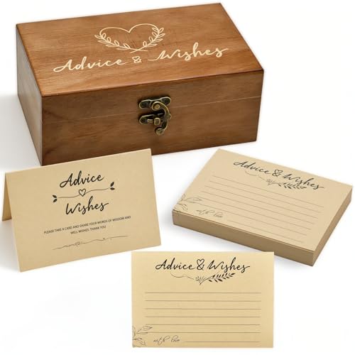 Wooden Advice & Wishes Memory Box with 50 Pcs Kraft Tan Cards for Wedding - Bridal Shower Guest Book Alternative- Versatile Keepsake for Newlyweds Baby Shower Graduation & Birthday Party (Set)