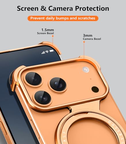 OGRANEE Z Metal Case for iPhone 17 Pro Frameless, Aluminum Alloy Bumper Compatible with Magsafe Kickstand Minimalist Shockproof Cool Cover Hard Shell with 360°Ring Holder Magnetic Stand, Orange — view 6