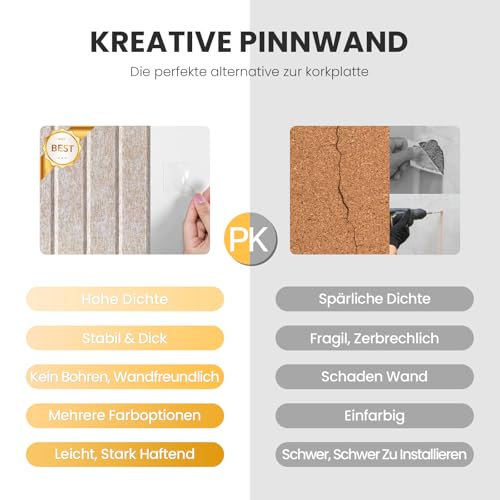 Großes Kork-Bulletin Board für Wand 90x60cm, 6 Pack Filz-Wandfliesen mit 30 Pushpins, 25 sichere abnehmbare Klebetabs, dekorative Pinnwand Tack Board für Büro Haus Schule