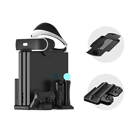 PS4 Vertikalt Laddningsstativ med Kylfläkt, PSVR Headset Lagrings Stand, Dockningsstations Laddningsdocka för Move och DualShock 4 Controller, PlayStation 4, PS4 Pro, PS4 Slim, PS VR